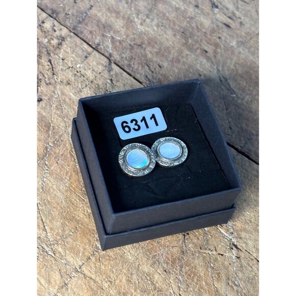 Antique Silver Tone & Mother Of Pearl Cufflinks With Ornate Design - Picture 3 of 9